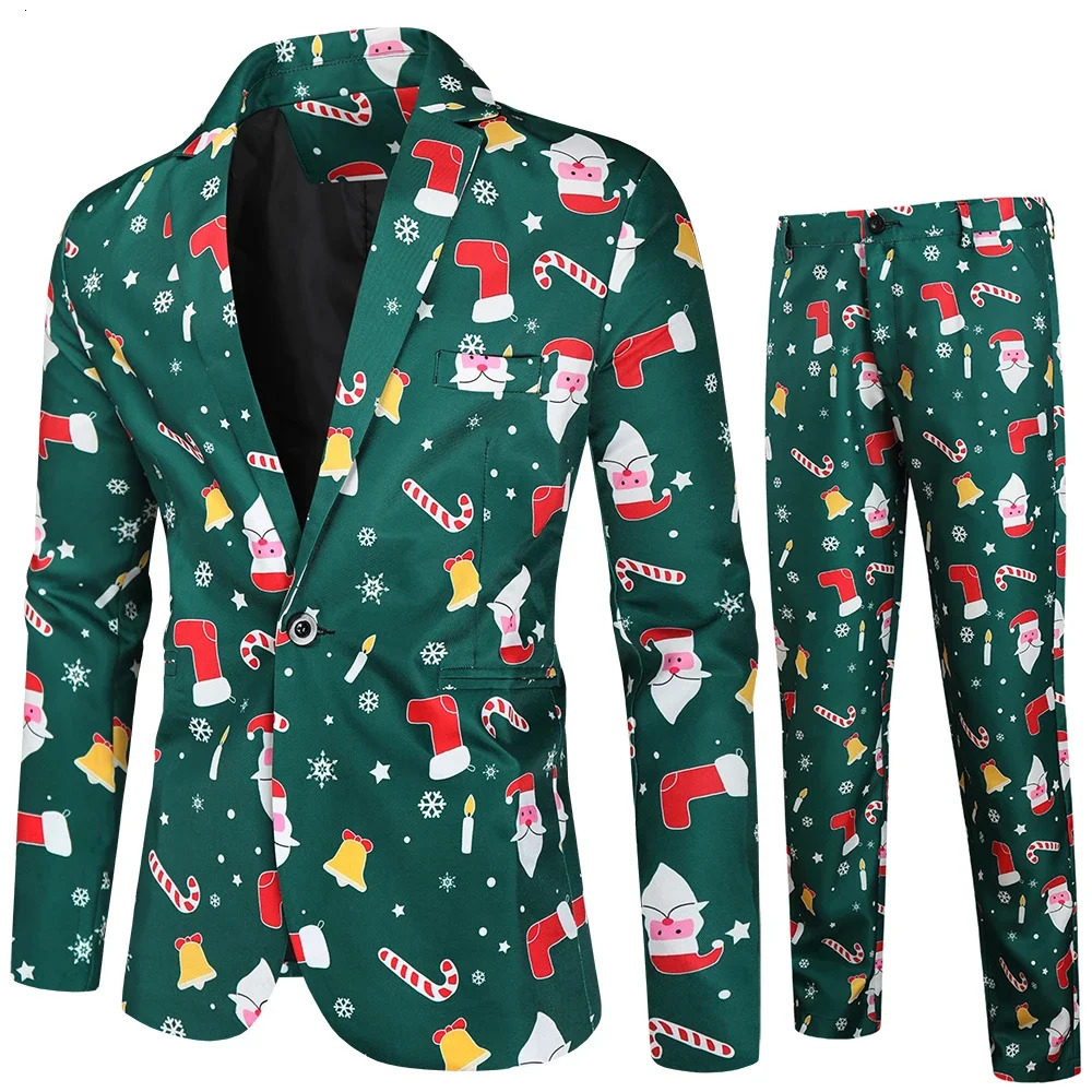 X-mas Snowflake Printing Mens Suit Sets Fashion Party Stage 2 Piece Suits for Men Blazer and Pants Christmas Costume Clothes 4XL 241113