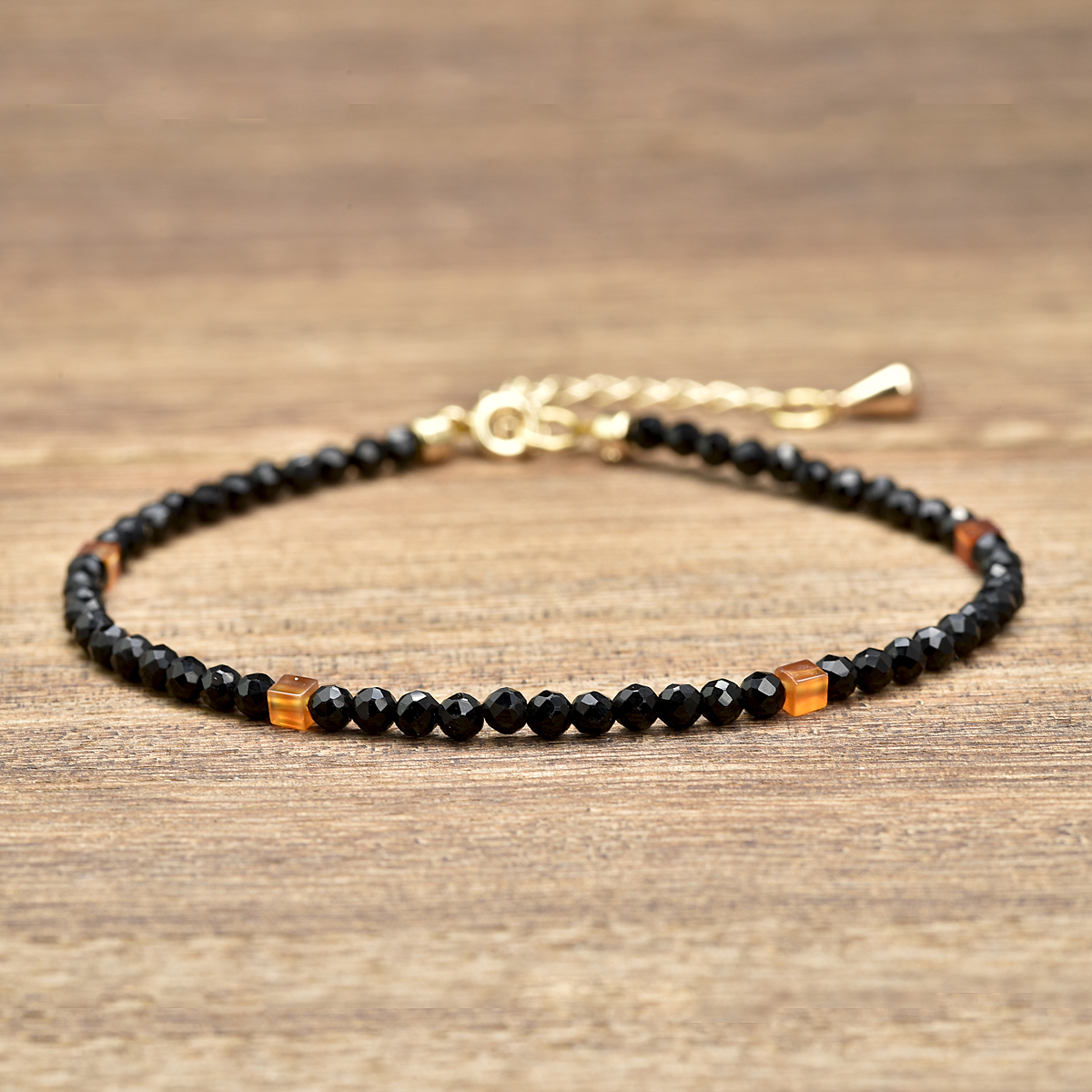 Black Obsidian Real 3mm and Carnelian Lucky Crystal Gem Stone Bracelets for Women Copper Plated with 14K Gold Jewelry smile