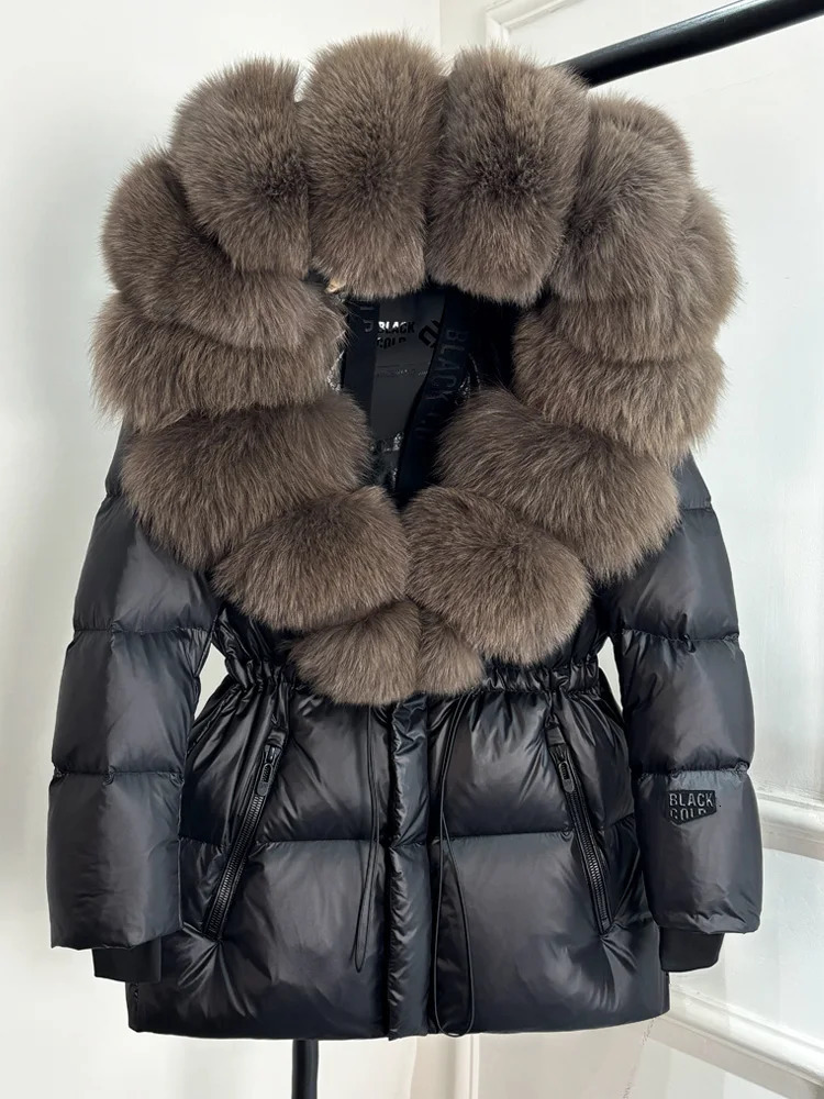 Janveny Smooth Waterproof Puff Jacket for Women Winter True Fox Fur Hooded Women Parkas Shining 90% Duck Down Jacket 241112