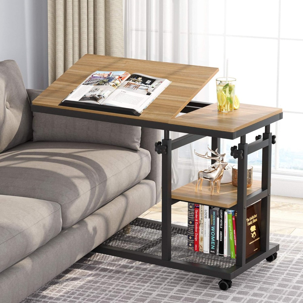 Height Adjustable End Table with Wheels and Tiltable Drawing Board, Sofa Bedside Laptop Stand, Height Adjustable C Table