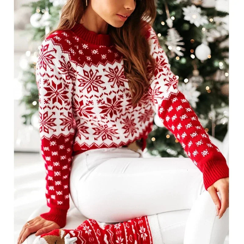 Womens Christmas Sweater Chiffon Printed Long Sleeve O-Neck Knitted Casual Soft Pullover Top Jacquard Jumping Pullover for Women 241113