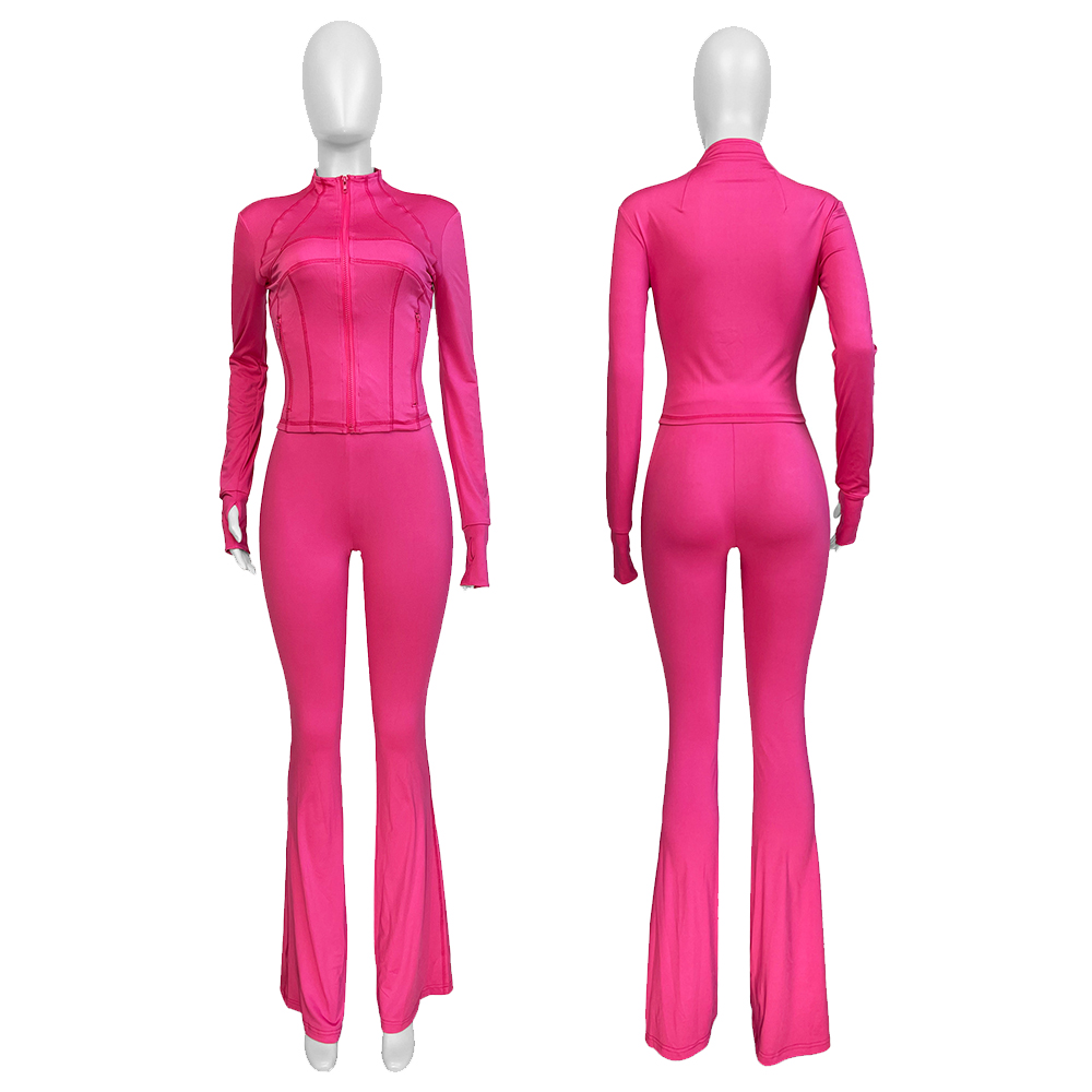 Womens Tracksuits Active Stand Collar Full Sleeve Sweatshirt with Bodycon Flare Pants Casual Two Piece Sets