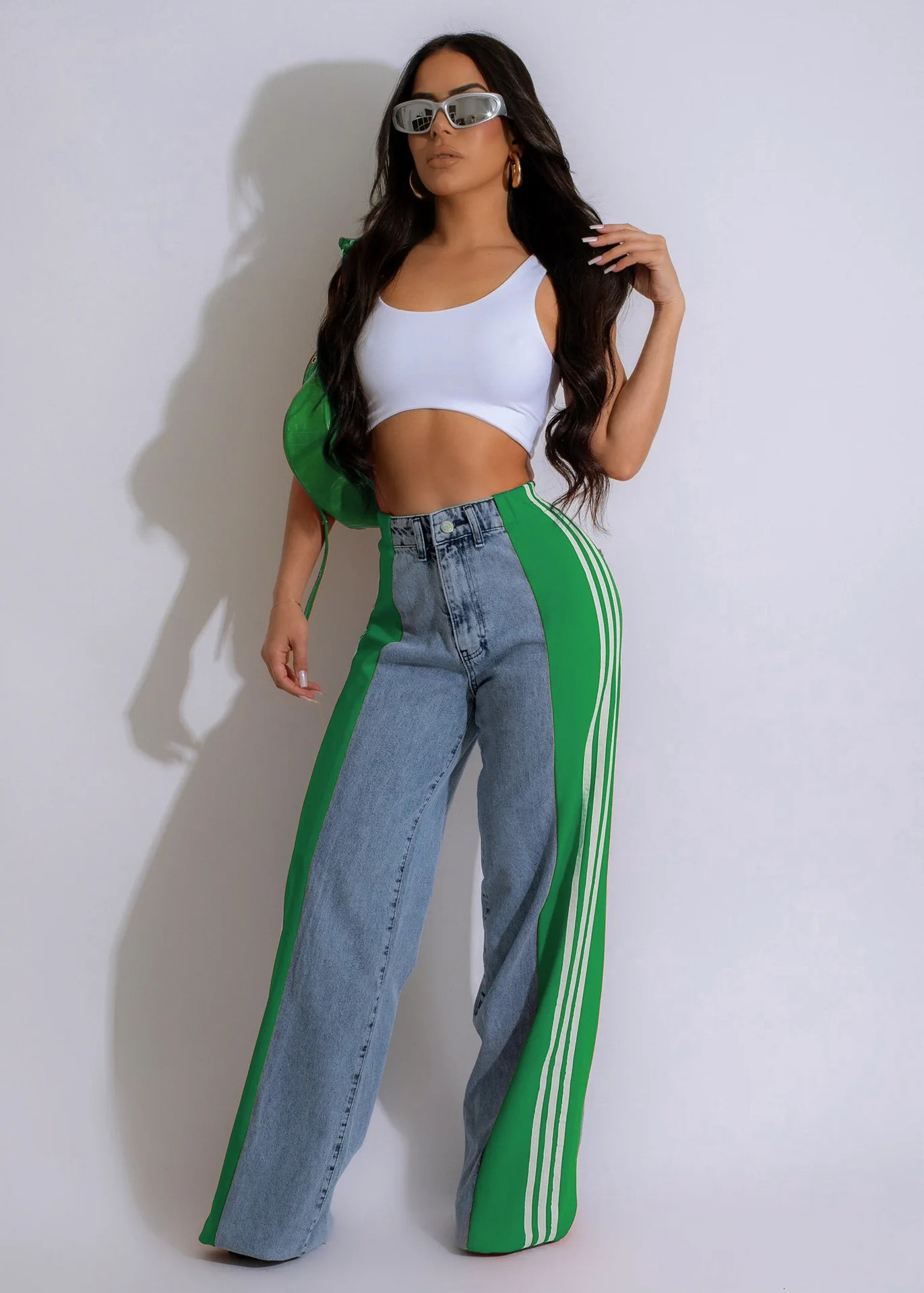 Patchwork Jeans Wide Leg Pants Sexy Women Blue Jeans Flare Pants Denim Straight Trousers 241112