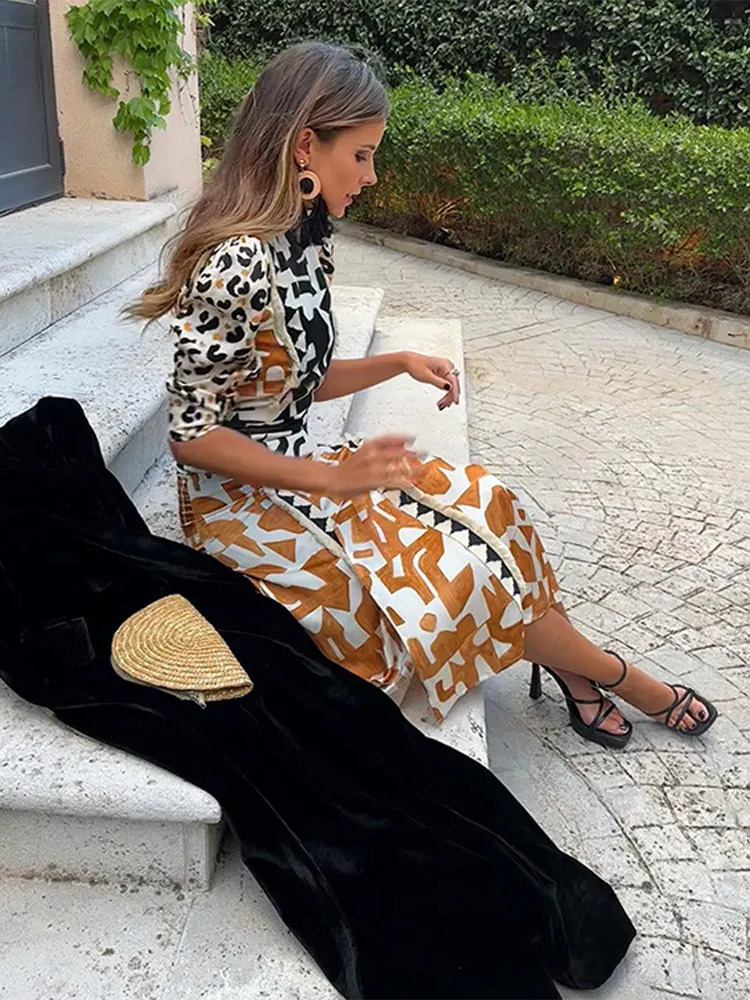 Print Puff Sleeve Midi Skirt Suit Women Elegant High Collar Long Sleeves 2 Pieces Sets Spring Chic Holiday Party Female Outfit 240403