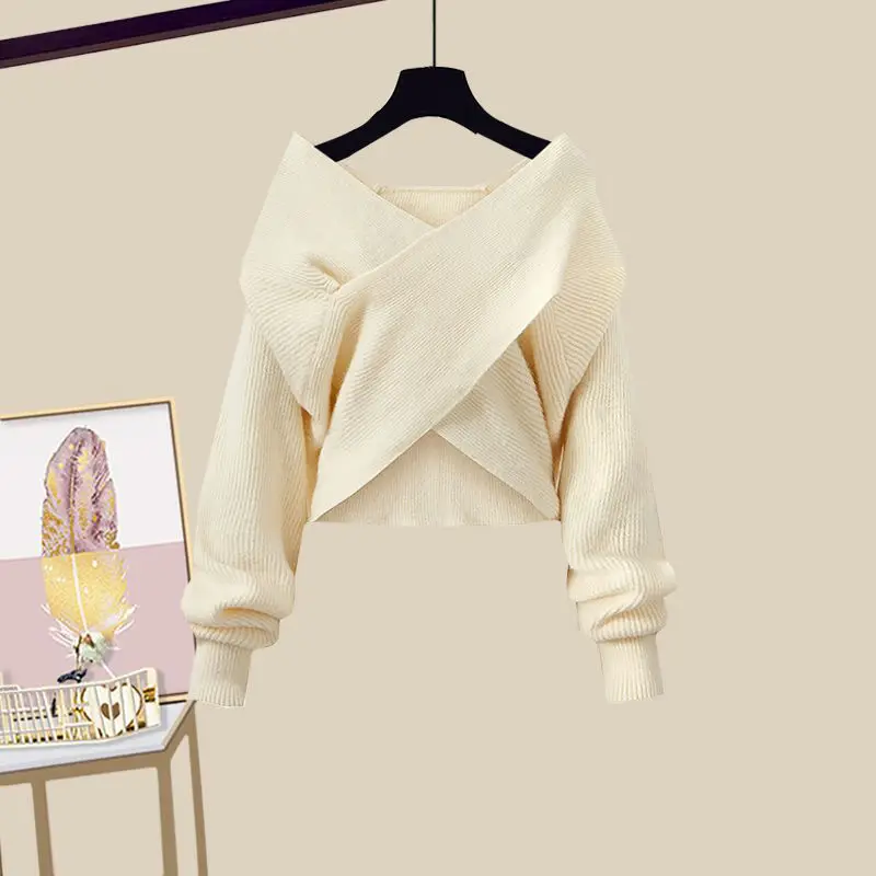 Spring/Summer Set 2025 Women's 2023 New Large Women's Korean Slim new Cross Sweater High Waist Half Skirt Two Piece Set Fashion