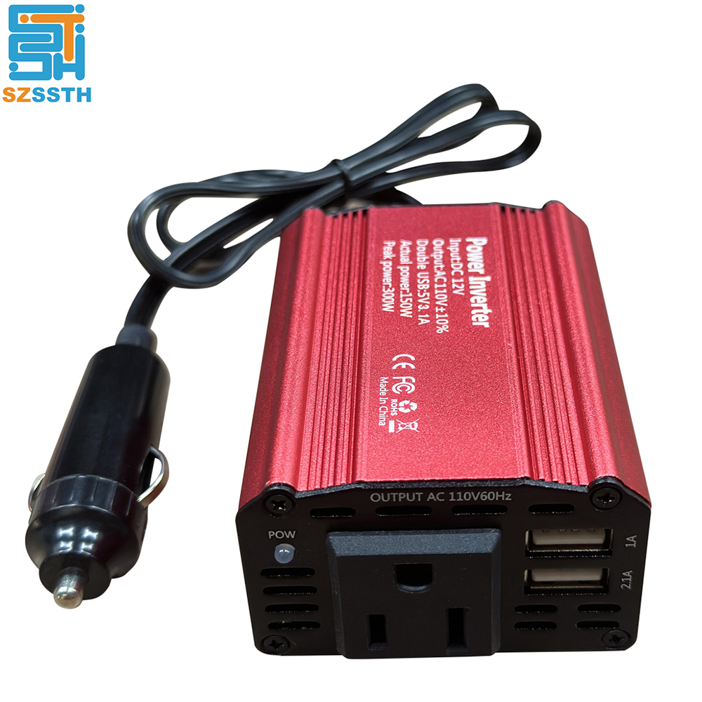 Car Inverter 300W (peak) DC 12V to AC 110V Dual USB Fast Charging Modified Sine Wave US Socket for Outdoor Emergency Electricity