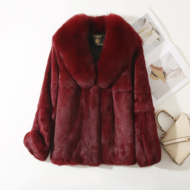 Genuine Whole 100% Real Natural Rabbit Fur Coat With y Fox Collar Jacket Full Pelt Overcoat 241113