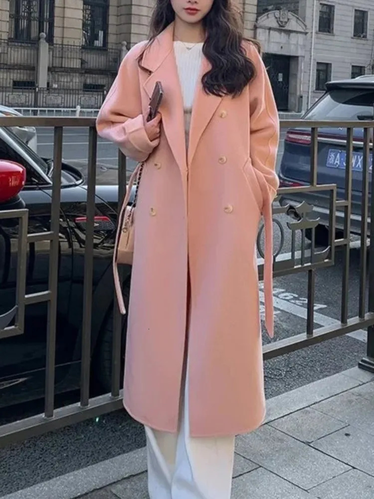 Korean Fashion Women Casual Loose Woolen Coat Elegant and Chic Solid Outerwear Long Overcoat with Belted Female Warm Cloak 241108