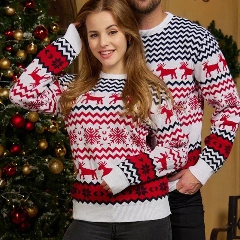 Womens Christmas Sweater Couple Match Set Warm Thick Sweater Soft Jacquard Knitted Home Appearance Pulling Flower 241113