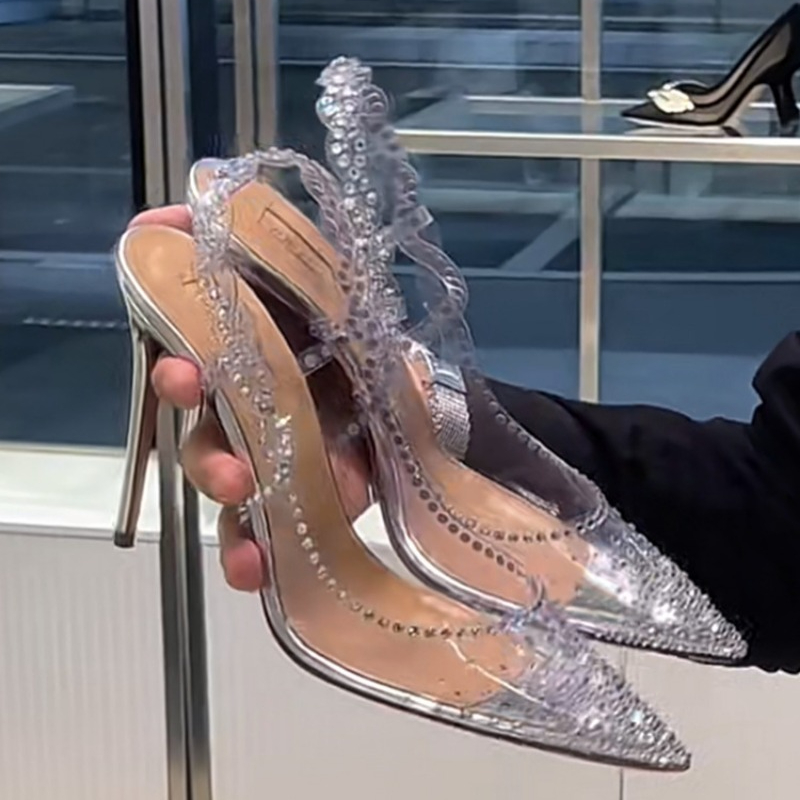 Women Transparent Crystal Shoes New Thin Heel Baotou Sandals Pointed Shallow Mouth High Heels Elegant Baotou Single Sandals 슬리퍼