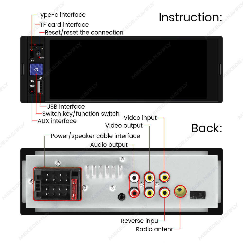 MEKEDE 1 Din Car Radio Carplay Android Auto HD Touch Screen MP5 Player Universal Multimedia Tape Recorder AUX USB FM Audio