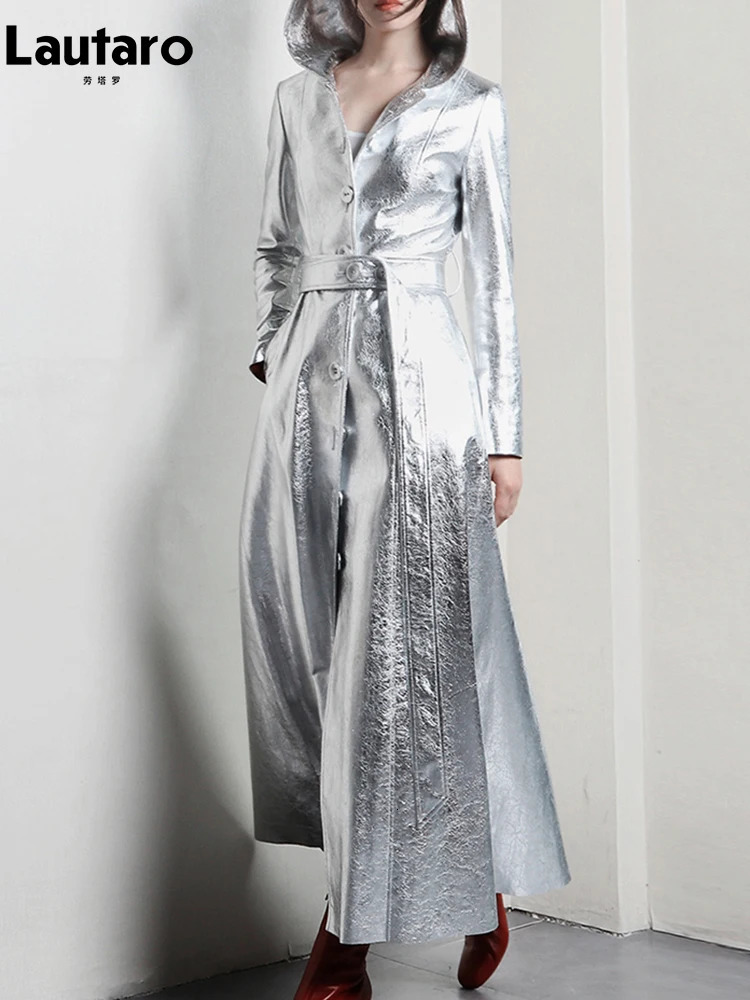 Lautaro Spring Autumn Long Cool Silver Shiny Reflective Pu Leather Trench Coat for Women with Hood Runway Fashion 241113 - view 3