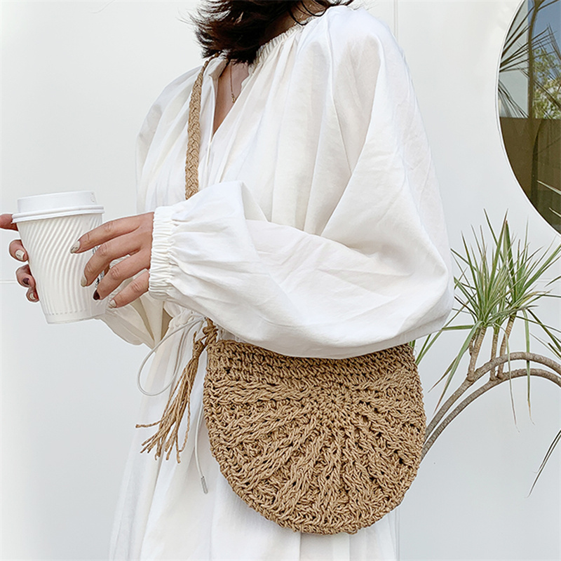 Half Round Straw Bag for Women Summer Beach Rattan Shoulder Bag Zipper Woven Half Moon Crossbody Handbags Bohemia Vacation