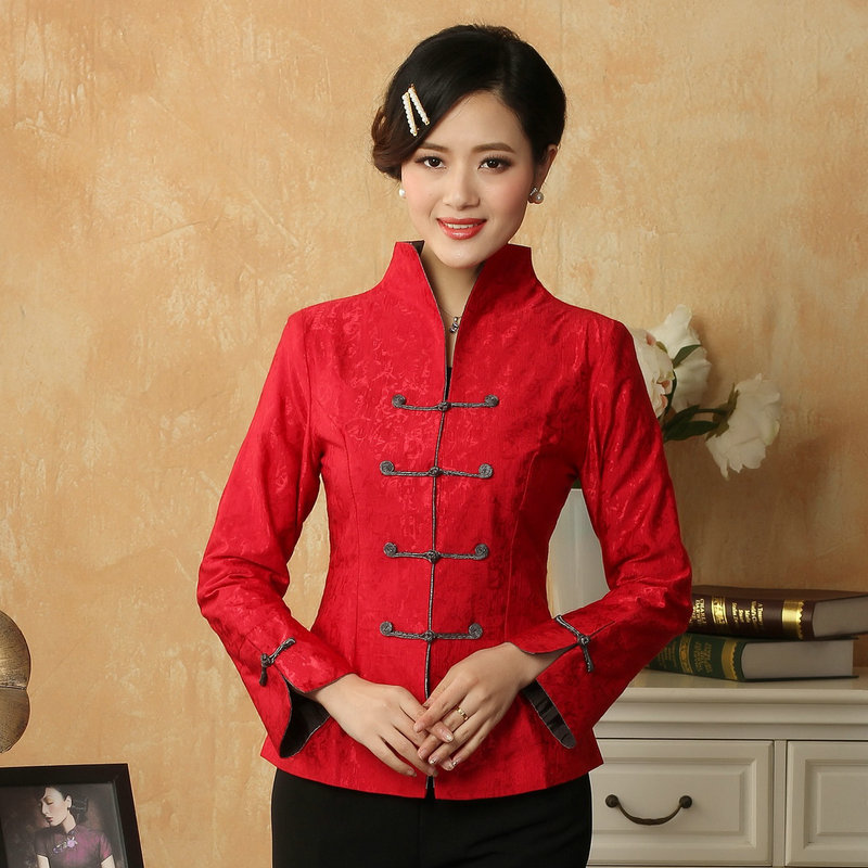 Chinese Cheongsam Style Women's Brocade Coat Green White Red Black Slim Fit Jackets With Dark Pattern in Tang Poetry Outerwear