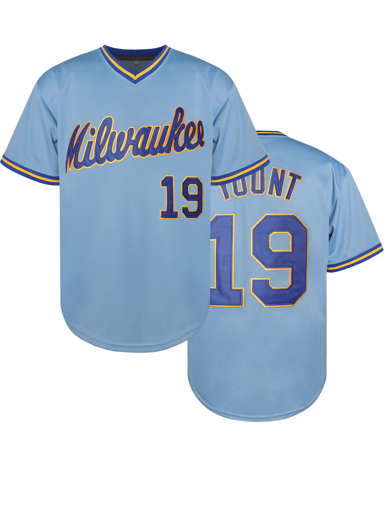 Men's Color Blue V-Neck Baseball Jersey with Letter and Number 19 YOUNT Embroidery - Short Sleeve Jerseys for Training and Competition - Comfy, B