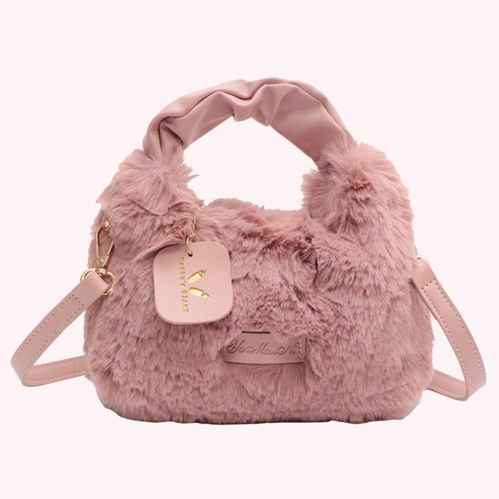 Women Plush Top-Handle Bag Solid Color Furry Satchel Bag Adjustable Shoulder Strap Comfortable Ladies Girls Trendy Bag