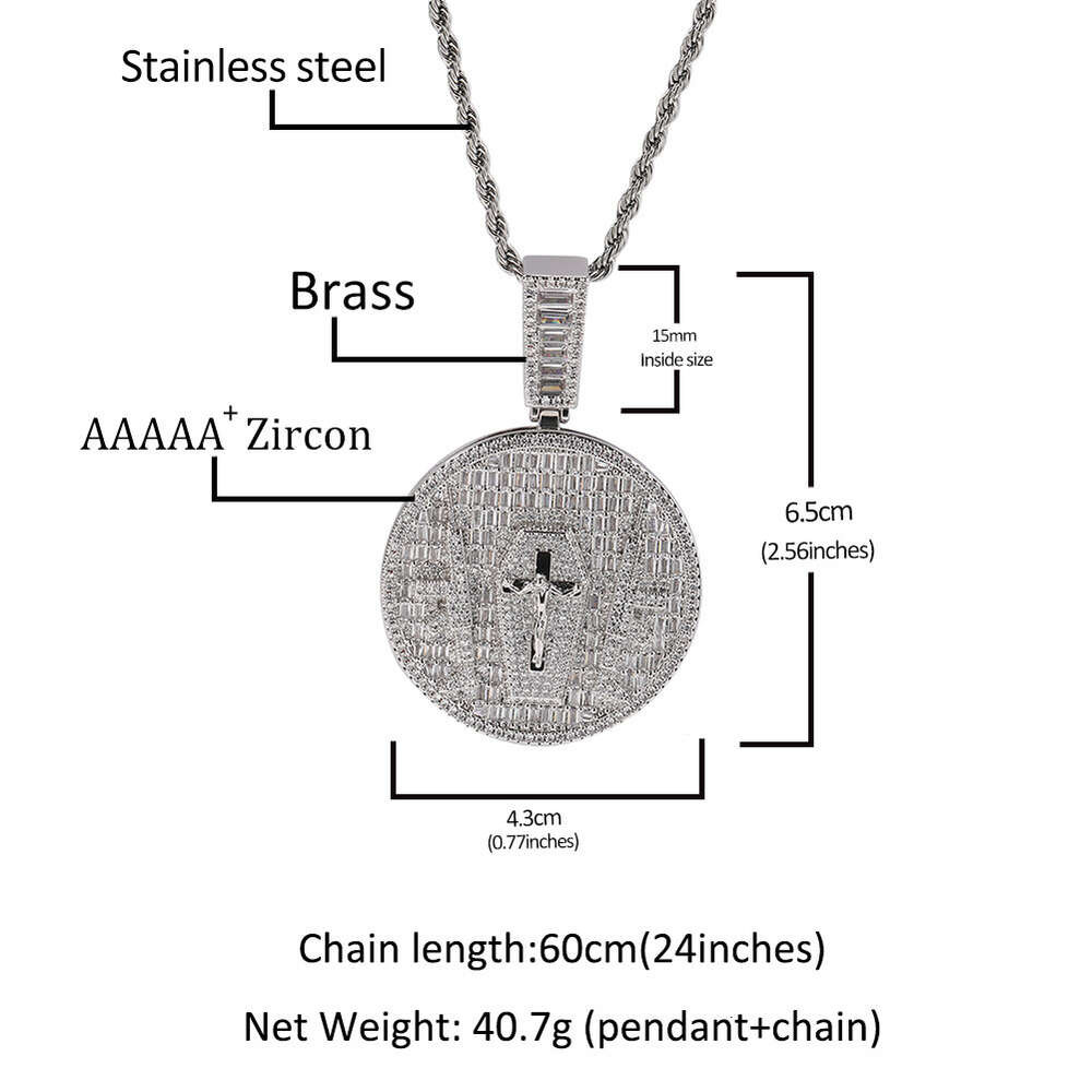 Top Quality Wolf Tide Jesus Cross Round Medal Pendant Necklace Hip Hop Silver Full Diamond Necklaces Mens Charm Accessories Iced Out Crystal Hip Hop J
