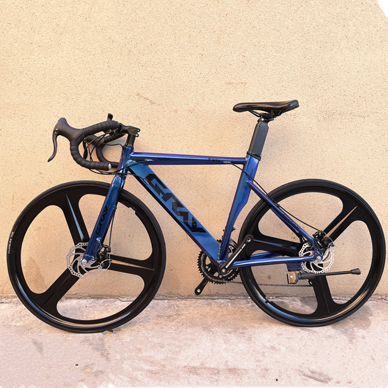 Road Bike Magnesium Alloy Wheels, Double Disc Brake, Racing Bicycle, 3 Spokes, Aluminum Alloy Frame, 14, 16, 18, 20 Speeds, 700C