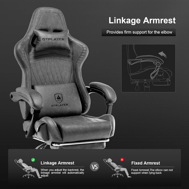 GTPLAYER Chair Computer Gaming (Leather, Grey)