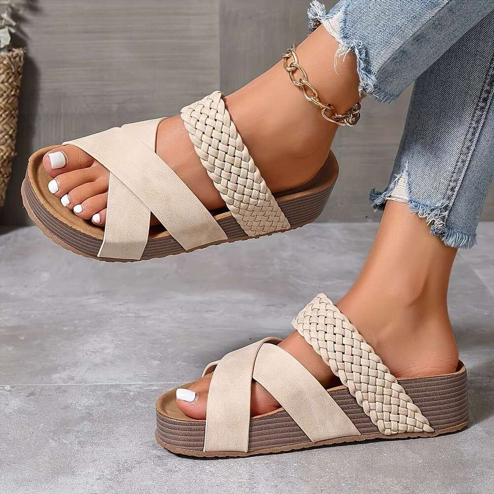 Summer Espadrille Women's Slide Sandals, Crisscross Band Open Toe Casual Outdoor Platform Slides
