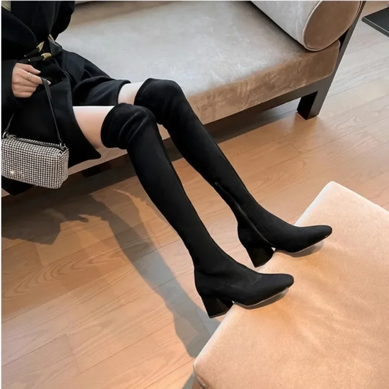Elastic Long Faux Suede Woman Over-the-knee Boots Casual Black Platform Shoes for Women Autumn Ladies Bottes 2024 4