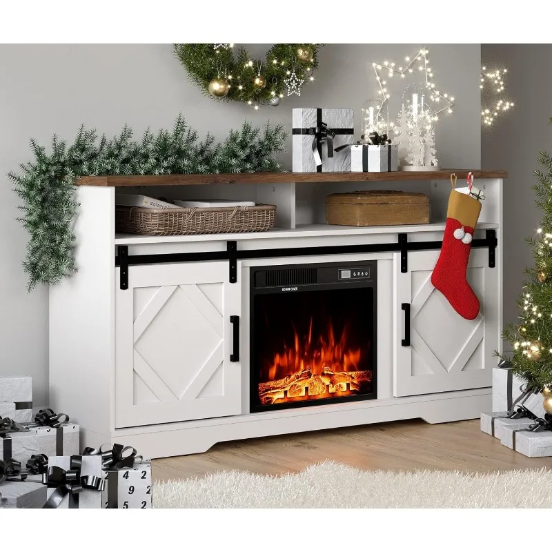 Farmhouse Wood Electric Fireplace TV Console, Entertainment Center with Storage, Sliding Door&Adjustable Shelf for Living Room