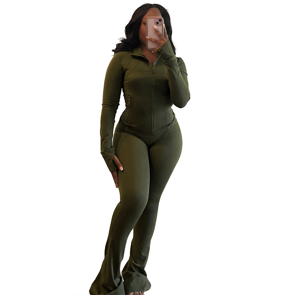 Womens Tracksuits Active Stand Collar Full Sleeve Sweatshirt with Bodycon Flare Pants Casual Two Piece Sets