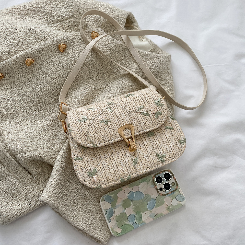 Women Flower Straw Purse Adjustable Strap Weaving Flower Purse Hasp Closure Plant Sling Bag Female Summer Beach Bag