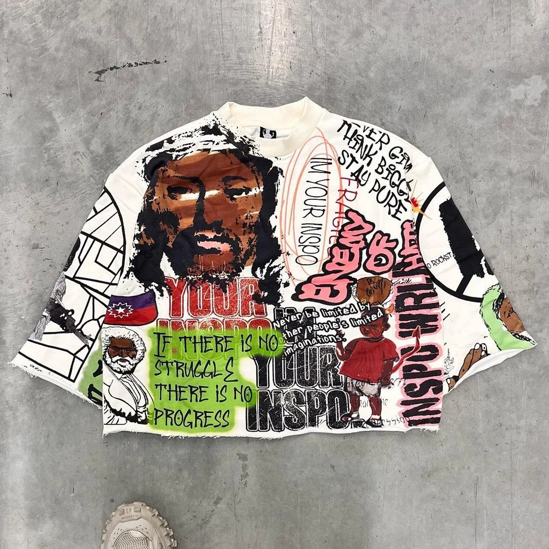 Super sized hip-hop graffiti style flat printed T-shirt for men and women medium long sleeved punk Y2K Harajuku loose short sleeved shirt 241112
