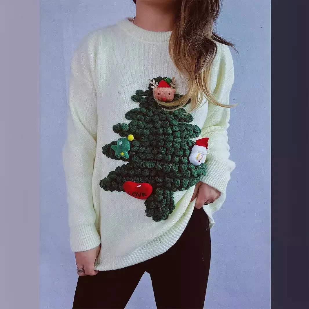 Arrival Autumn/Winter American Style 3D Plucked Christmas Tree Red Sweater Loose Suitable for Womens Year 241113