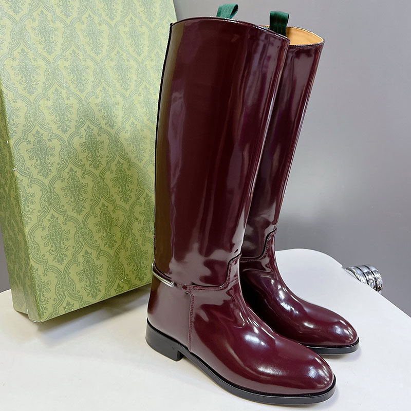 WOMENS SLIM HORSEBIT BOOT designers shiny leather letter autumn winter boots high quality calf leather upper knee boots fashionable women branded boots