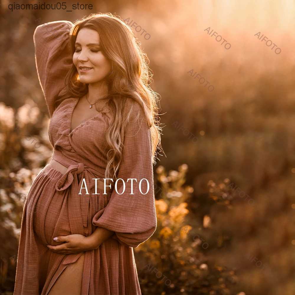 Maternity Dresses Linen Cotton Pregnant Women Bohemian Two Piece Photo Shooting Props Womens Dress Retro Top and Tight Baby Shower Q240413