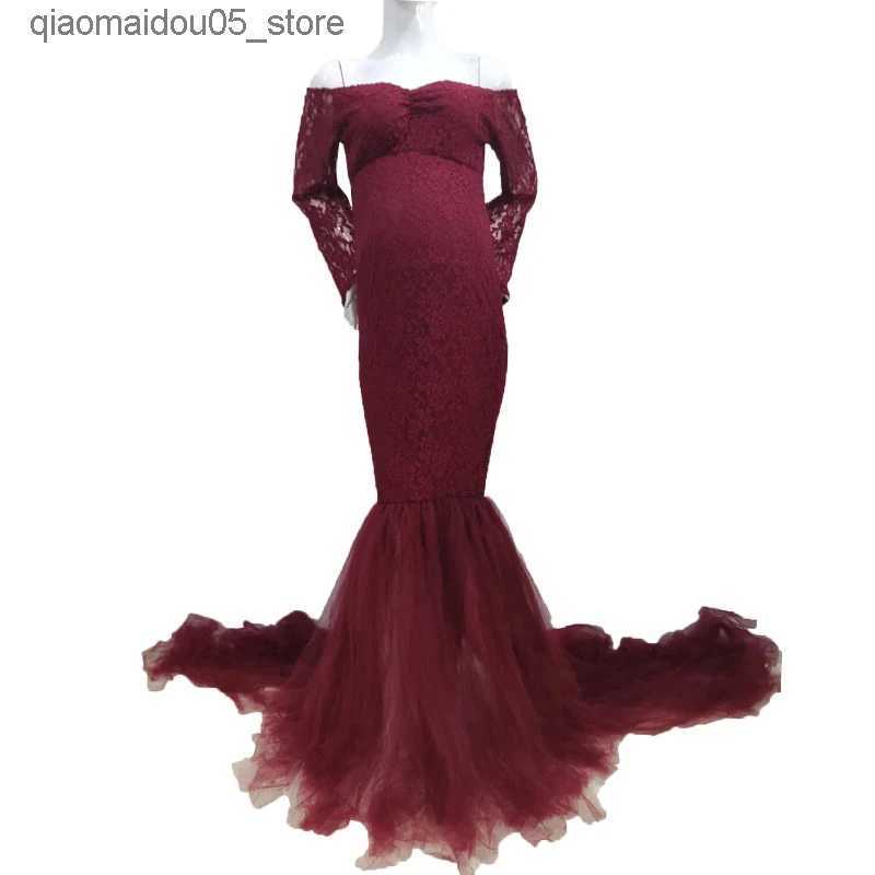 Maternity Dresses Long sleeved maternity clothing photo shoot sexy off shoulder lace pregnancy dress maternity clothing photo prop Q240413