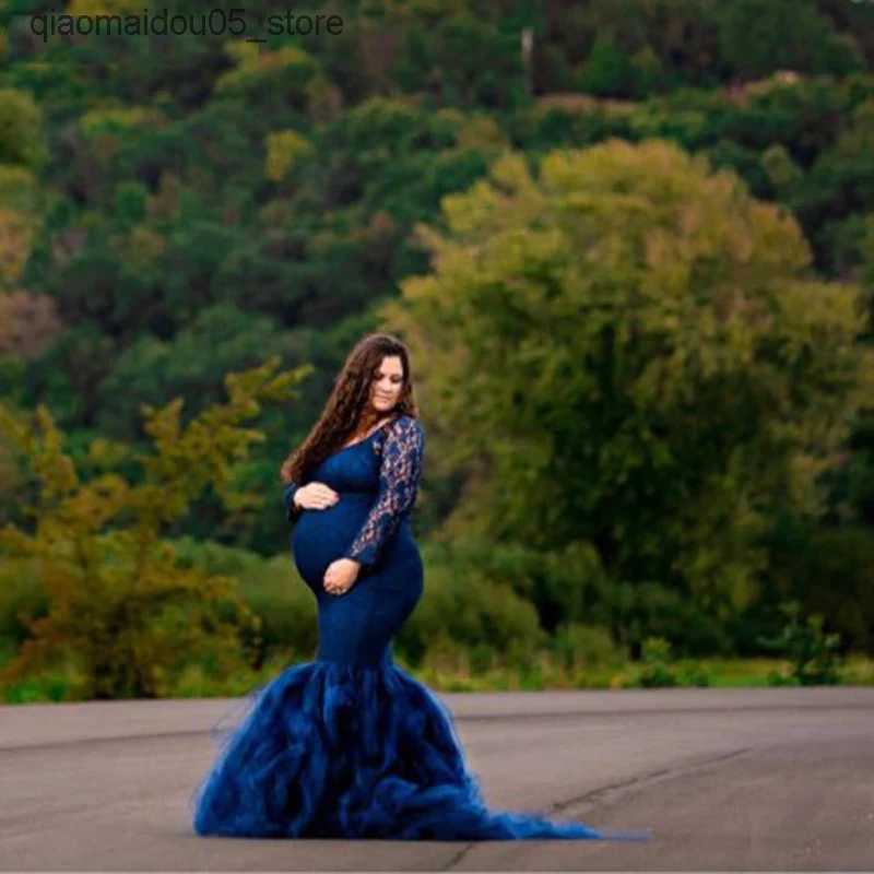 Maternity Dresses Long sleeved maternity clothing photo shoot sexy off shoulder lace pregnancy dress maternity clothing photo prop Q240413