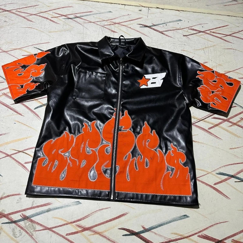 Y2K Flame Harajuku Leather Jacket Punk Style Fashion Embroidery USD Pattern Patch Mens Loose Rest Cardigan T-shirt 241112