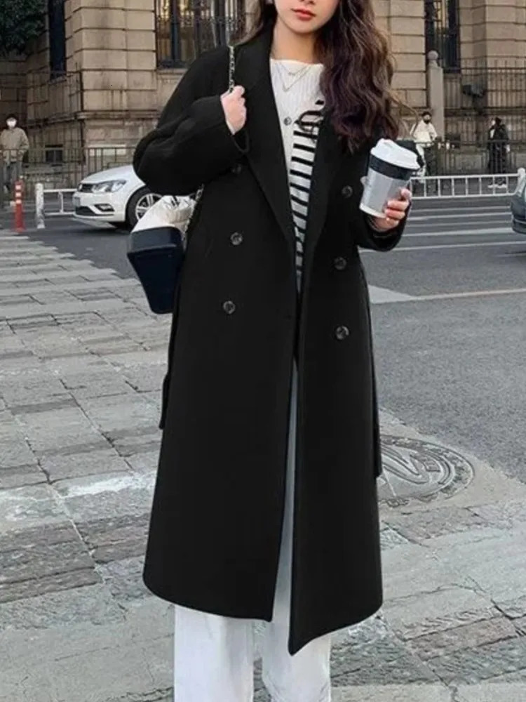 Korean Fashion Women Casual Loose Woolen Coat Elegant and Chic Solid Outerwear Long Overcoat with Belted Female Warm Cloak 241108