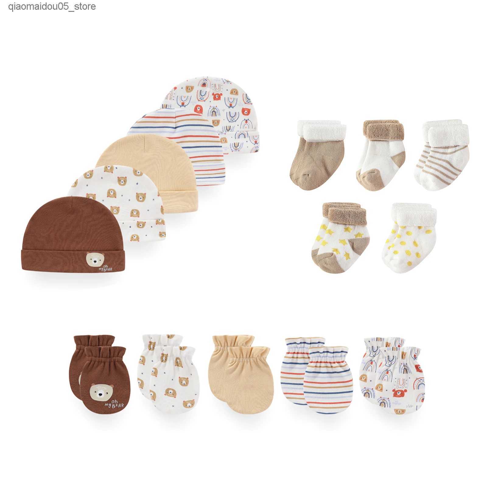 Kids Socks 15 Newborn Boys and Girls Wearing 100% Cotton Gloves+Hat+Socks Set Baby Supplies Cartoon Accessories 0-12M Solid Color Q240413