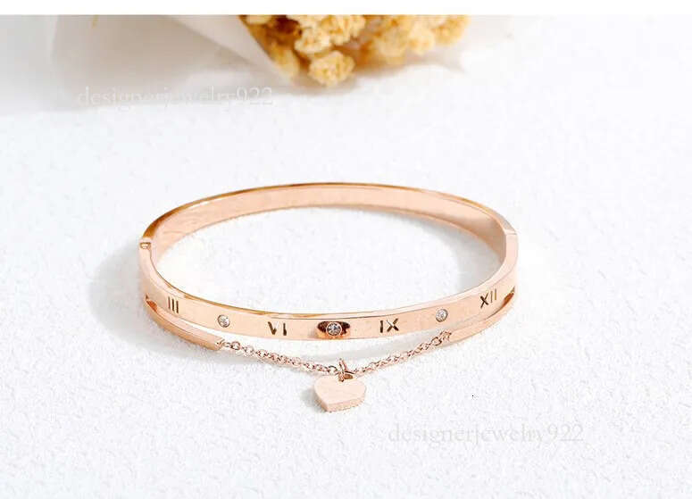Fashion designer beautiful sparkg dia zircon heart charms bangle bracelet for woman girls 17 cm rose gold titanium steel