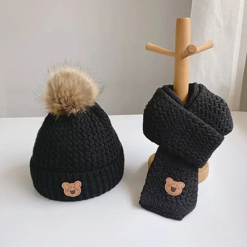 Warm Knitted Young Kids Beanie Scarf Set for Boy Girl Cute Cartoon Bear Crochet Bonnet for Toddler Autumn Winter Knitted Hat 241112