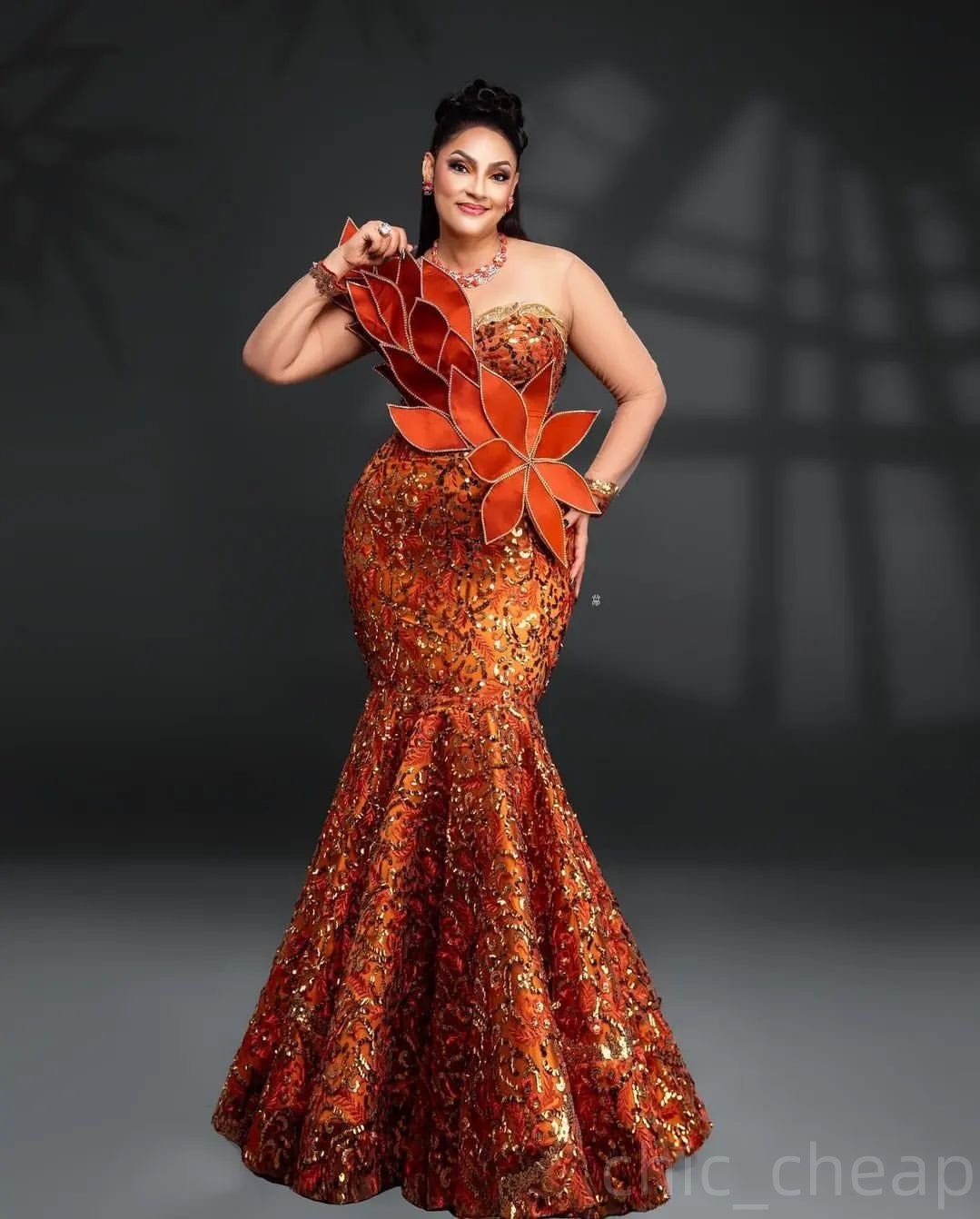 2024 Plus Size Orange Mermaid Prom Dresses For Special Occasions Florals Lace Full Sleeves Evening Party Birthday Gowns Dress For Women Vestidos de no
