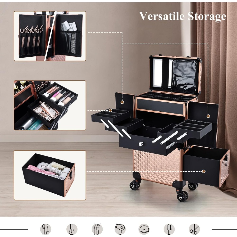 Adazzo Professional Makeup Artist Rolling Train Case Multi-functional Cosmetic Train Case Large Trolley Storage Case for Nail