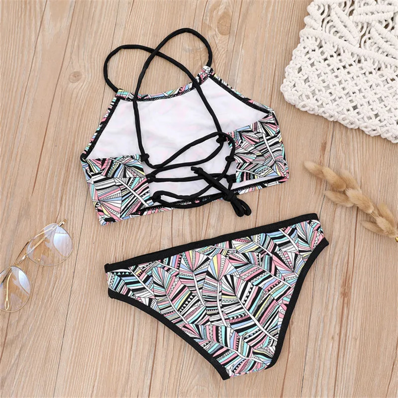 7-14 Years Print Falbala Girls Kids Swimwear Swimsuit Summer Children Biquini Infantil Bathing Suit Kids Girls Bikini Set 240412