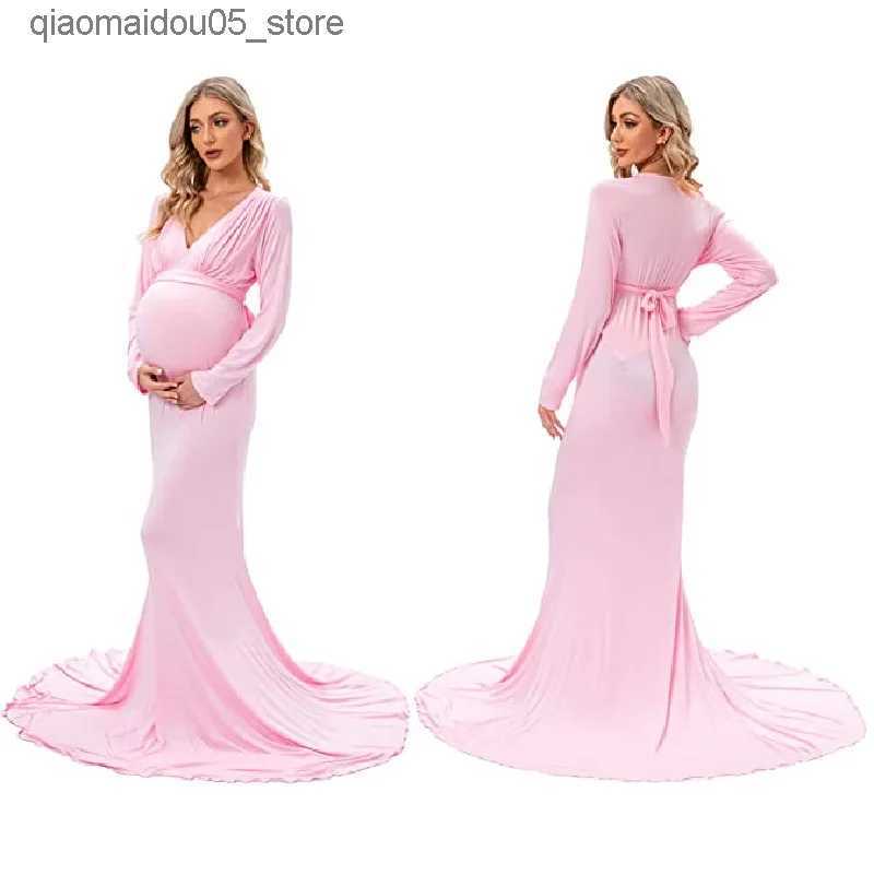 Maternity Dresses Pregnant womens deep V-neck long sleeved maternity photography dress mermaid baby shower Maxi dress Q240413