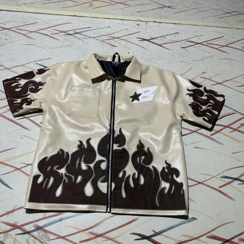 Y2K Flame Harajuku Leather Jacket Punk Style Fashion Embroidery USD Pattern Patch Mens Loose Rest Cardigan T-shirt 241112