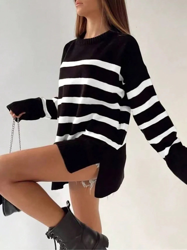 Khaki striped knitted sweater for women long sleeved knitted floral top autumn white loose sweater 241113