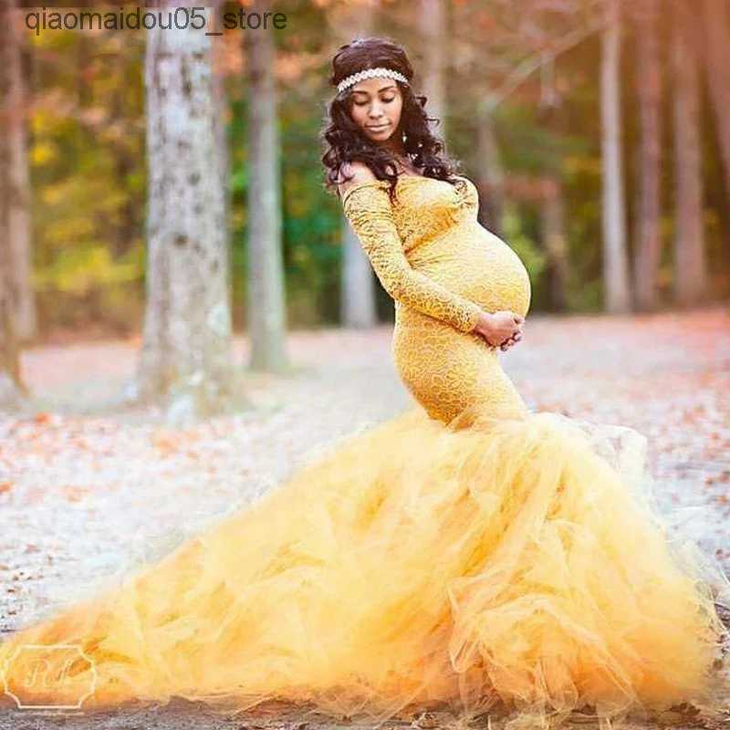 Maternity Dresses Long sleeved maternity clothing photo shoot sexy off shoulder lace pregnancy dress maternity clothing photo prop Q240413