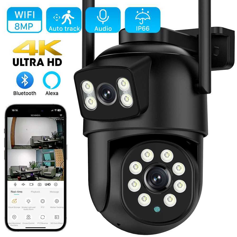 IP Cameras 4K 8MP 4X Digital Zoom PTZ WIFI IP Camera with Dual Lens Dual Screen 4MP HD Auto Tracking CCTV Outdoor Surveillance Camera iCSee 240413