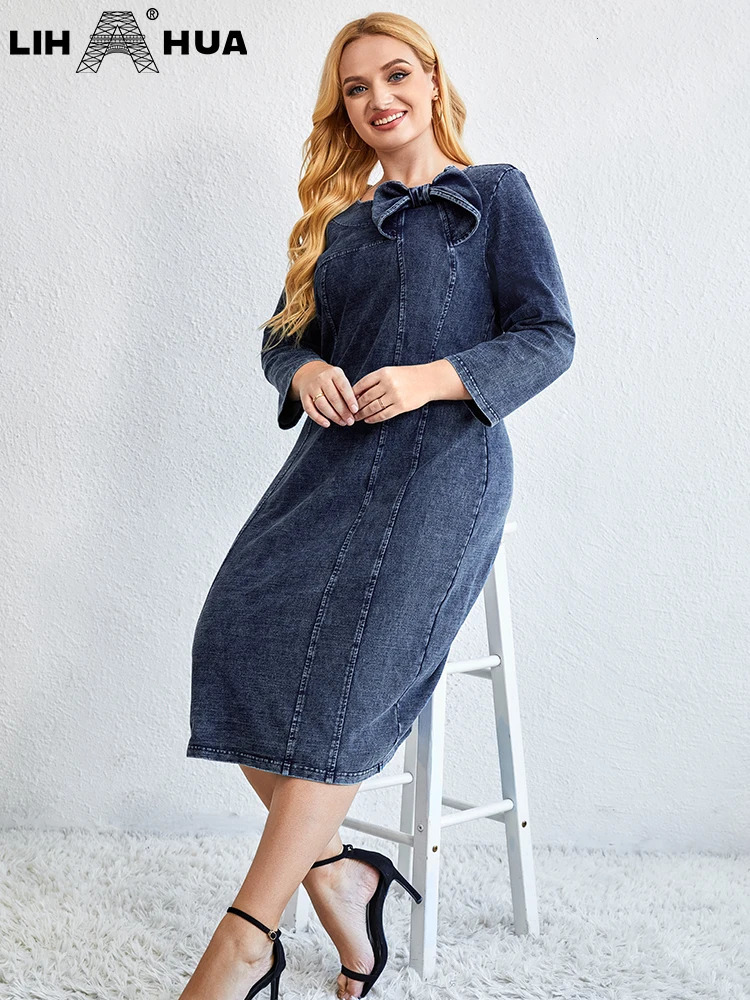 LIH HUA Womens Plus Size Denim Dress Autumn Chic Elegant Dresses For Chubby Women Cotton Knitted Bow Knot Dress 240407