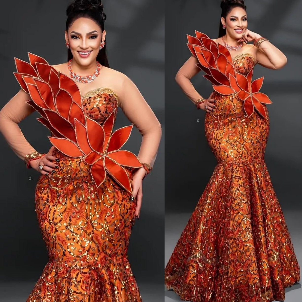 2024 Plus Size Orange Mermaid Prom Dresses For Special Occasions Florals Lace Full Sleeves Evening Party Birthday Gowns Dress For Women Vestidos de no