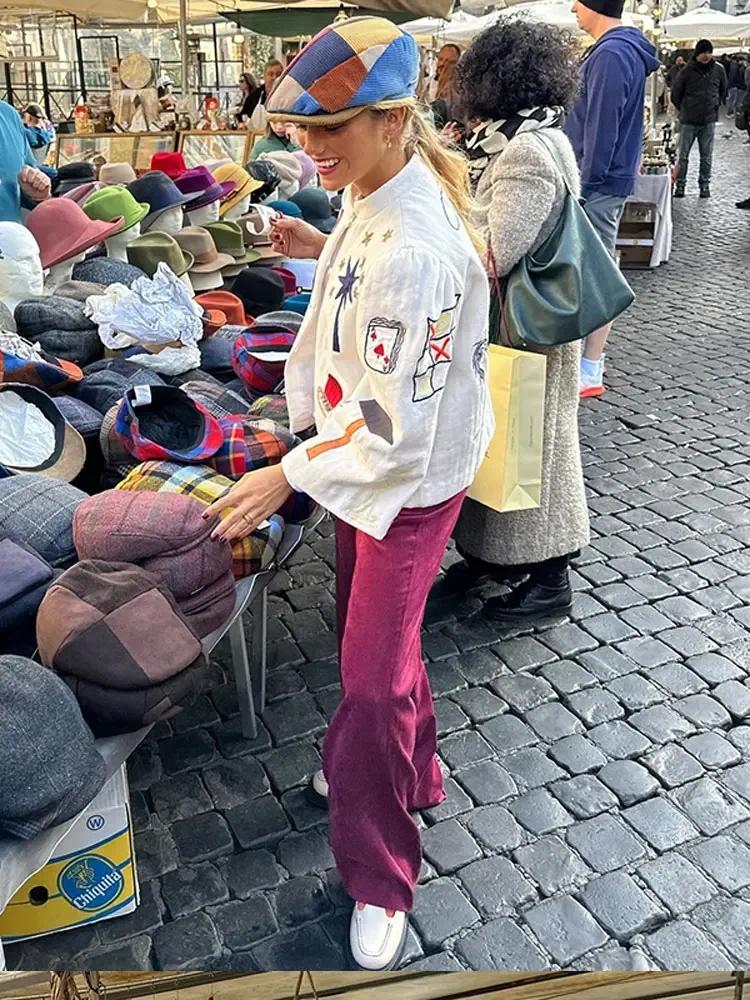 Women's Jackets Fashion Embroidery Print Women Short Coat Elegant Long Sleeve Round Neck Jacket 2024 Spring Female Chic High Streetwear